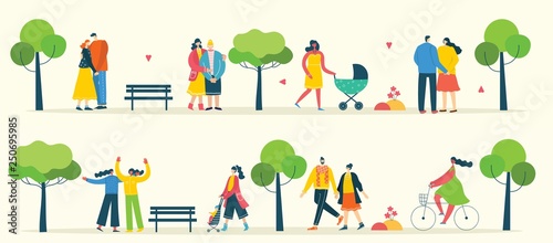 Vector background with different people, couple doing activities, walking and have a rest outdoor in the flat style 