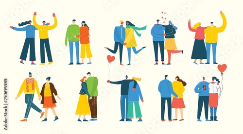 Illustration with happy cartoon couples of people. Happy friends, parents, lovers on date, hugging, dancing, couples with kids. Vector illustration isolated on light background