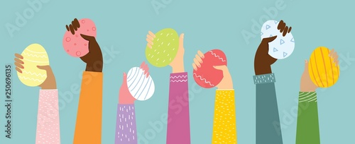 Vector illustration of hands up with the eggs. Easter street event, festival and fair banner, poster design in the flat style