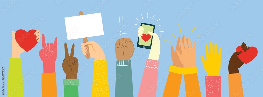 Vector illustration of different hands up . Concept of unity, love, frienfship, protest, revolution, fight, cooperation. Flat outline design Vector illustration of different hands up . Concept of unity, love, frienfship, protest, revolution, fight, cooperation. Flat outline design