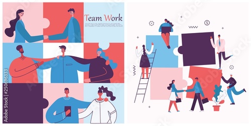 Vector illustration of the office concept business people in the flat style. E-commerce and team work business puzzle concept