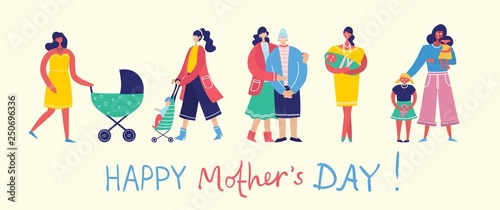 Colorful vector illustration concept of Happy Mother's day . Mothers with the children in the flat design for greeting cards, posters and backgrounds 