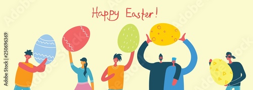 Vector illustration of people hold the eggs and celebrating the Easter day with all family, friends. Easter street event, festival and fair, banner, poster design in the flat design 
