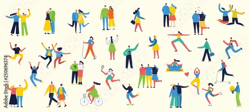 Vector illustration in a flat style of different activities people jumping  dancing  walking  couple in love  doing sport in flat style