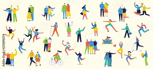Vector illustration in a flat style of different activities people jumping, dancing, walking, couple in love, doing sport in flat style