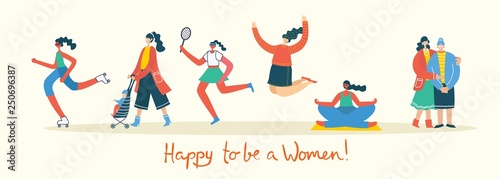 Colorful vector illustration concept of Happy to be a woman . Group of happy female friends  union of feminists  sisterhood jumping  doing sports and walking in flat design