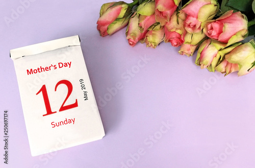 Mother's Day 2019, background with calendar date and flowers photo