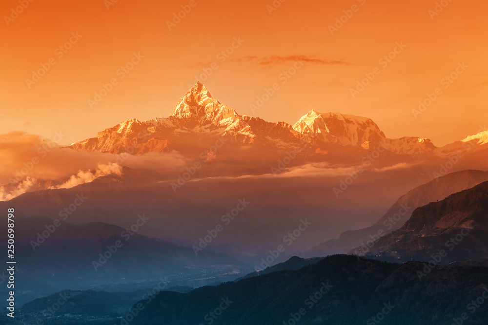 Idyllic sunset view in Himalayan mountains