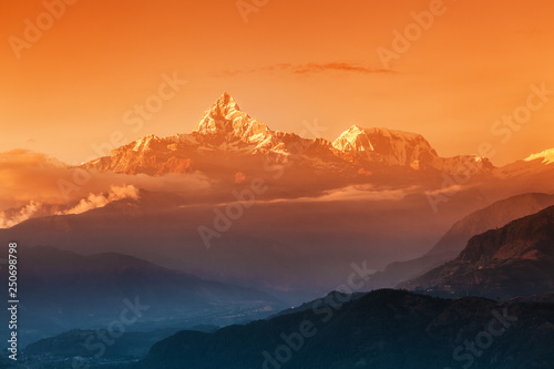 Idyllic sunset view in Himalayan mountains