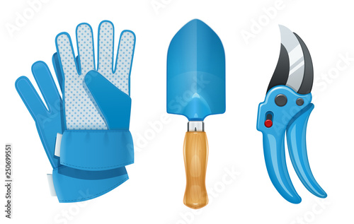 Garden tool for gardening work. Glove, shovel, pruner. Kitchen garden. Agriculture implement. Isolated white background. Eps10 vector illustration.