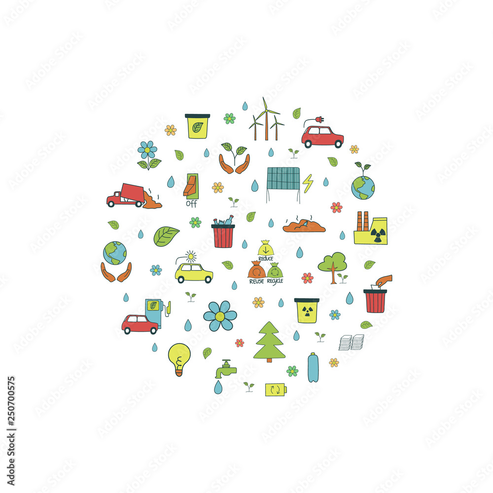 Global environmental problems concept. Colorful template for print with hand drawn symbols of the ecology pollution concept. Vector illustration