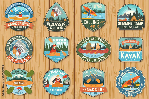 Set of canoe and kayak club badges Vector. Concept for patch, shirt, print or tee. Vintage design with mountain, river, american indian and kayaker silhouette. Extreme water sport kayak patches