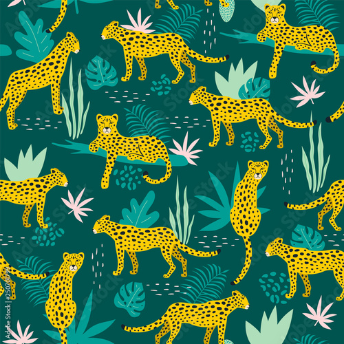 Seamless pattern with leopards and tropical leaves. Vector