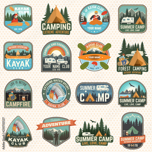 Set of camp and kayak club badges Vector. Concept for patch, print. Vintage design with camping, mountain, river, american indian, camper, kayaker silhouette. Extreme water sport kayak patches