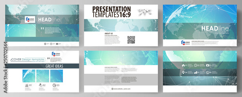 The minimalistic abstract vector illustration of editable layout of high definition presentation slides design business templates. Chemistry pattern, molecule structure, geometric design background.