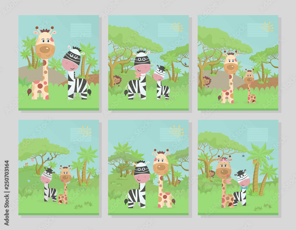 Set of six title pages for exercise book notebook design. Collection of color covers for notepad with African landscape giraffe and Zebra-vector illustration.