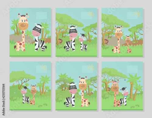Set of six title pages for exercise book notebook design. Collection of color covers for notepad with African landscape giraffe and Zebra-vector illustration.