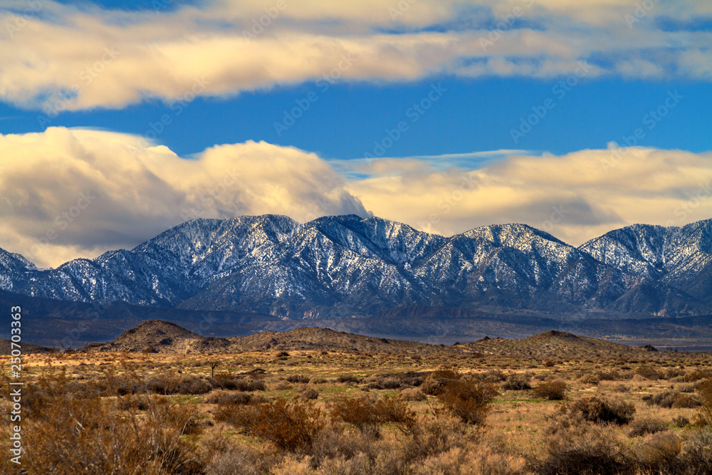 Snow on the San Gabriel Moauntains viewed from the Mojave Desert in California