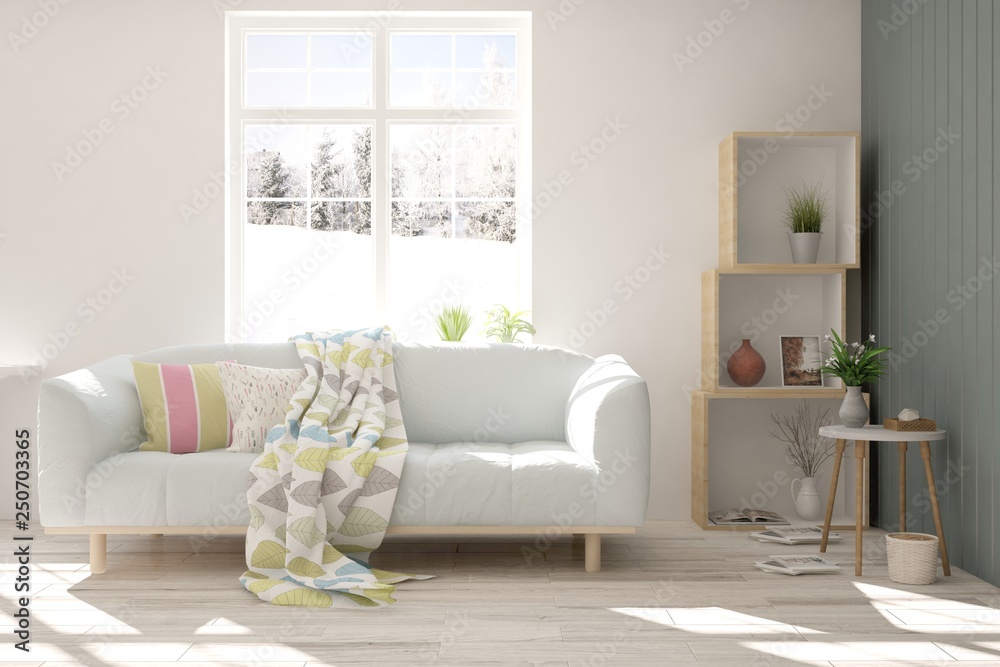 Fototapeta premium White stylish minimalist room with sofa and winter landscape in window. Scandinavian interior design. 3D illustration