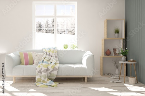 White stylish minimalist room with sofa and winter landscape in window. Scandinavian interior design. 3D illustration