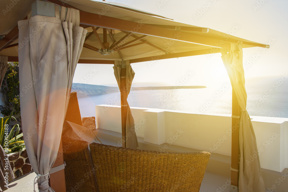 Empty romantic balcony, view on the sunset sea Empty romantic balcony, view on the sunset sea