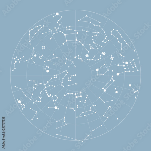 Star map vector illustration. Map of constellations. System star solar graphic vintage astronomy planets for poster, postcard, banner, cover. Vector illustration of starry sky on light blue background