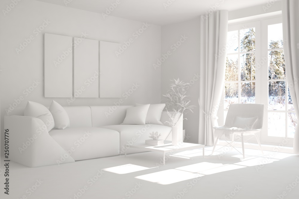Fototapeta premium White stylish minimalist room in grey color with sofa and winter landscape in window. Scandinavian interior design. 3D illustration