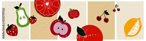 Frieze horizontal  fruits colorful with pear, strawberry, grapefruit, apple, cherry, orange and lemon