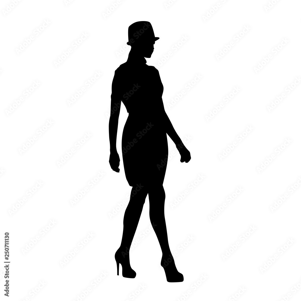 Young woman with hat walking, full body isolated vector silhouette Young woman with hat walking, full body isolated vector silhouette