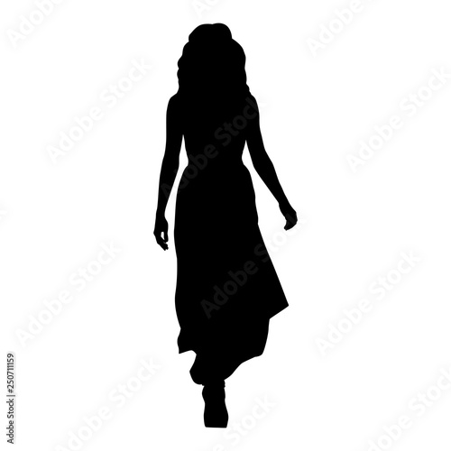 Woman in long evening dress walking forward, isolated vector silhouette, front view