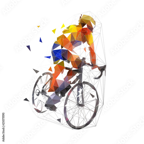 Cycling, low polygonal road cyclist on his bike, geometric vector illustration