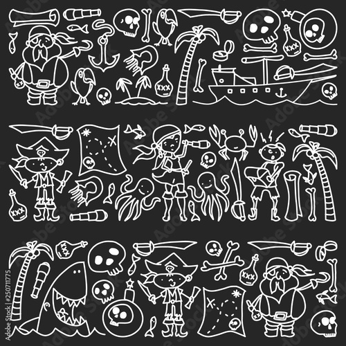 Fototapeta Naklejka Na Ścianę i Meble -  Vector set of pirates children's drawings icons in doodle style. Painted, black monochrome, chalk pictures on a blackboard.