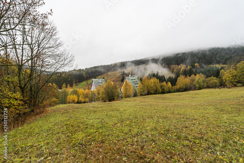 Mountains in the colors of autumn. Spindleruv Mlyn. Czech. Giant Mountains (Krkonose) - are a mountain range located in the north of the Czech Republic.
