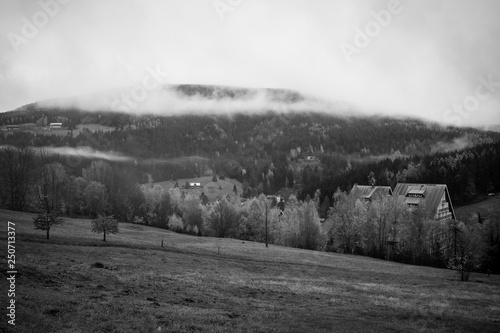 Mountains near the town Spindleruv Mlyn. Czech. Giant Mountains (Krkonose) - are a mountain range located in the north of the Czech Republic. Black and white.