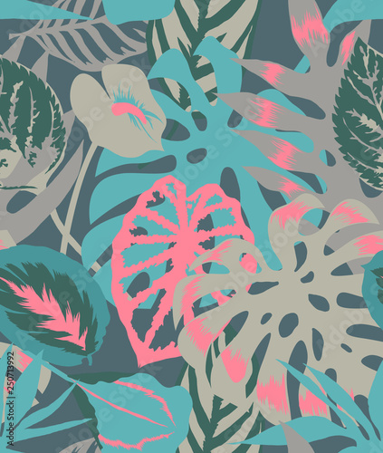 Floral seamless pattern made of tropical Monstera leaves,Flamingo flower and exotic foliage. Palm leaves on blue background. Backdrop for wallpaper, fabric, textile, texture, wrapper or surface.