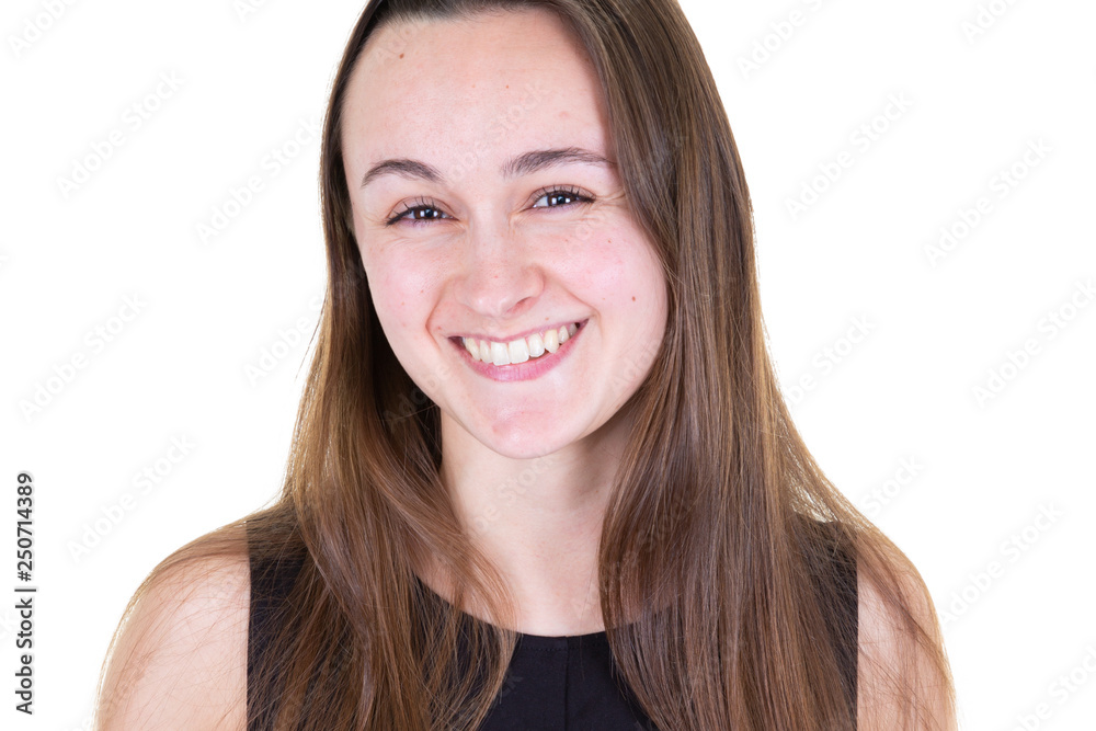Portrait closeup of smiling woman looking at camera and laughing Portrait closeup of smiling woman looking at camera and laughing
