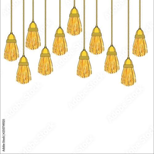 Hanging down heavy silk tassels with gold fittings on twisted colored cords. © Quarta