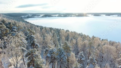 Flying just above frozen trees near observation tower photo