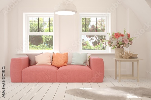 White stylish minimalist room with coral sofa and summer landscape in window. Scandinavian interior design. 3D illustration