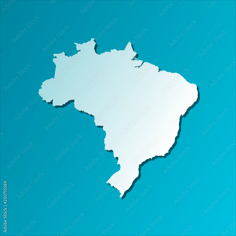 Vector isolated illustration icon with light blue silhouette of simplified map of Brazil. Bright blue background with shadow