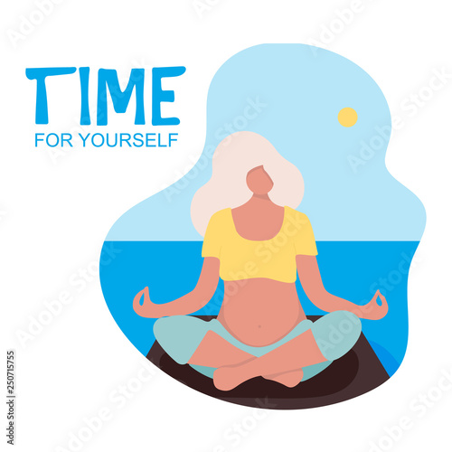 Vector Illustration. Young beautiful pregnancy woman character sitting position on the shore front in modern flat style. Fitness healthy lifestyle. Time for yourself.