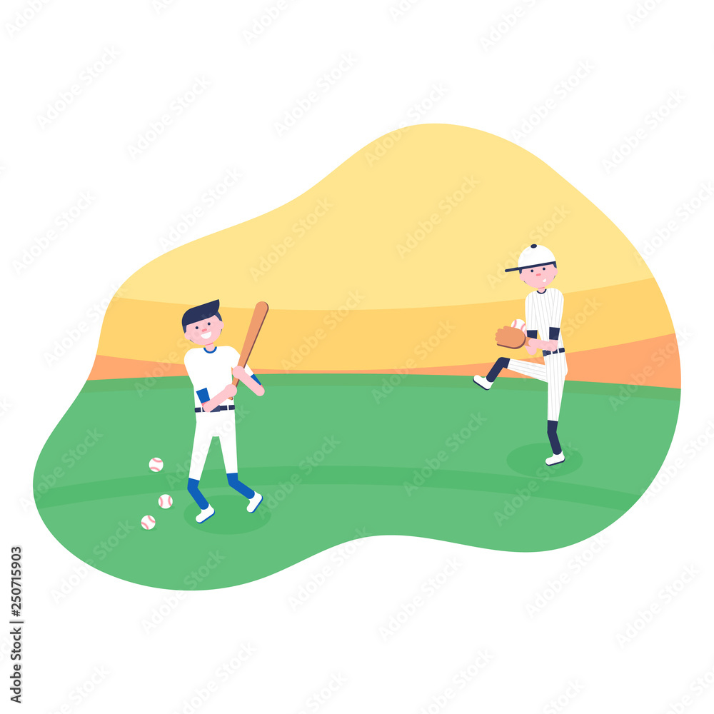 Vector Illustration. Set of baseball  cartoon players: catcher, pitcher in modern flat style. Baseball equipment icon. Baseball characters team. Game moments