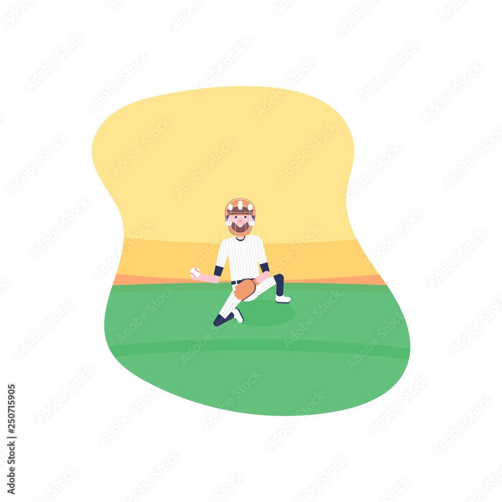 Fototapeta premium Vector Illustration. Set of baseball cartoon players: catcher, pitcher in modern flat style. Baseball equipment icon. Baseball characters team. Game moments