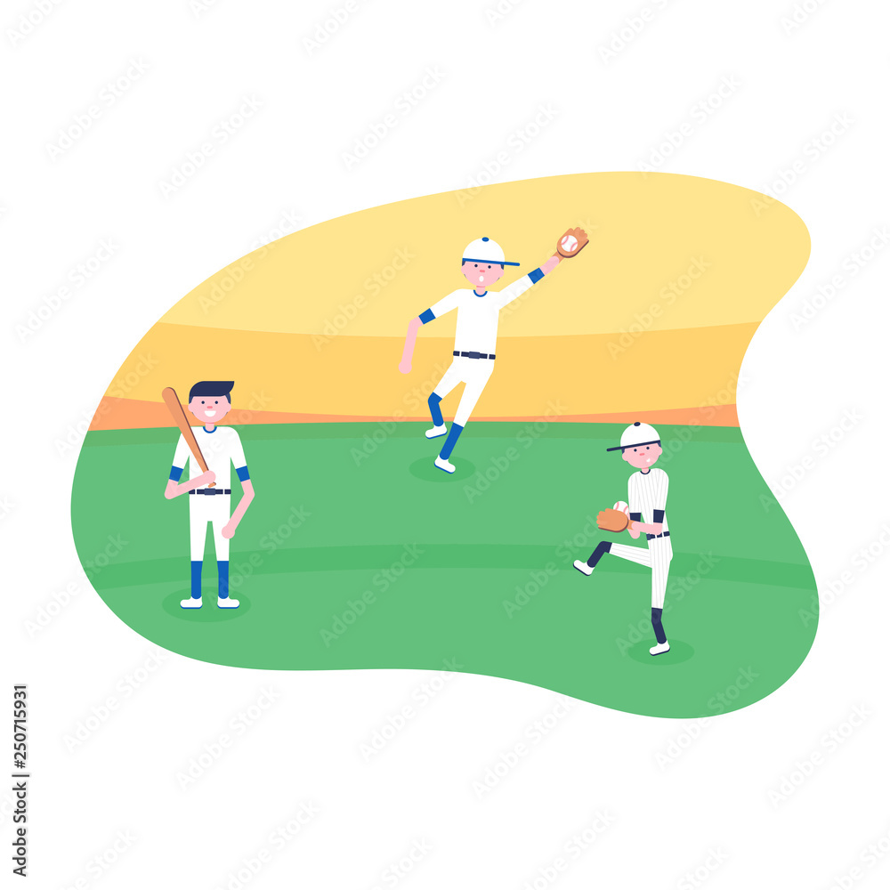 Vector Illustration. Set of baseball cartoon players: catcher, pitcher in modern flat style. Baseball equipment icon. Baseball characters team. Game moments Vector Illustration. Set of baseball cartoon players: catcher, pitcher in modern flat style. Baseball equipment icon. Baseball characters team. Game moments