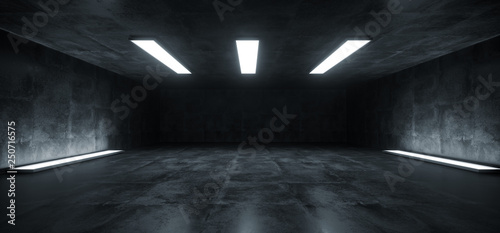 Sci Fi Futuristic Studio Stage Underground White Lights Glowing In Dark Grunge Reflective Concrete Empty Garage Room Corridor Tunnel 3D Rendering