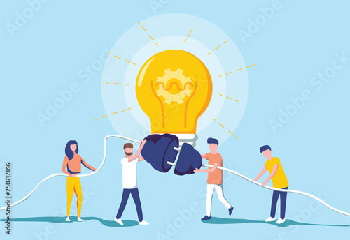 Business people and generating electric power for a large bulb. Idea generation. Brainstorm and teamwork cooperation