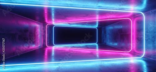 Fototapeta Naklejka Na Ścianę i Meble -  Neon Glowing Fluorescent Ultraviolet Luxurious Luminous Rectangle Shaped Frame Lights Purple Pink Blue In Dark Grunge Empty Concrete Reflective Corridor 3D Rendering