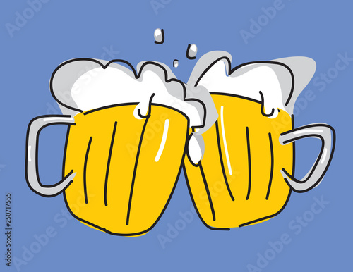 Cartoon vector image of two mugs of beer. Drinks with a lot of foam. Draught beer glass