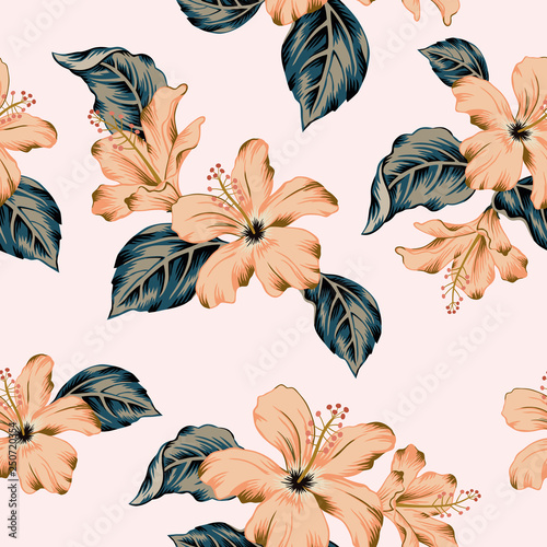 Tropical peach pink hibiscus flowers and leaves bouquets background. Vector seamless pattern. Jungle foliage illustration. Exotic plants. Summer beach floral design. Paradise nature