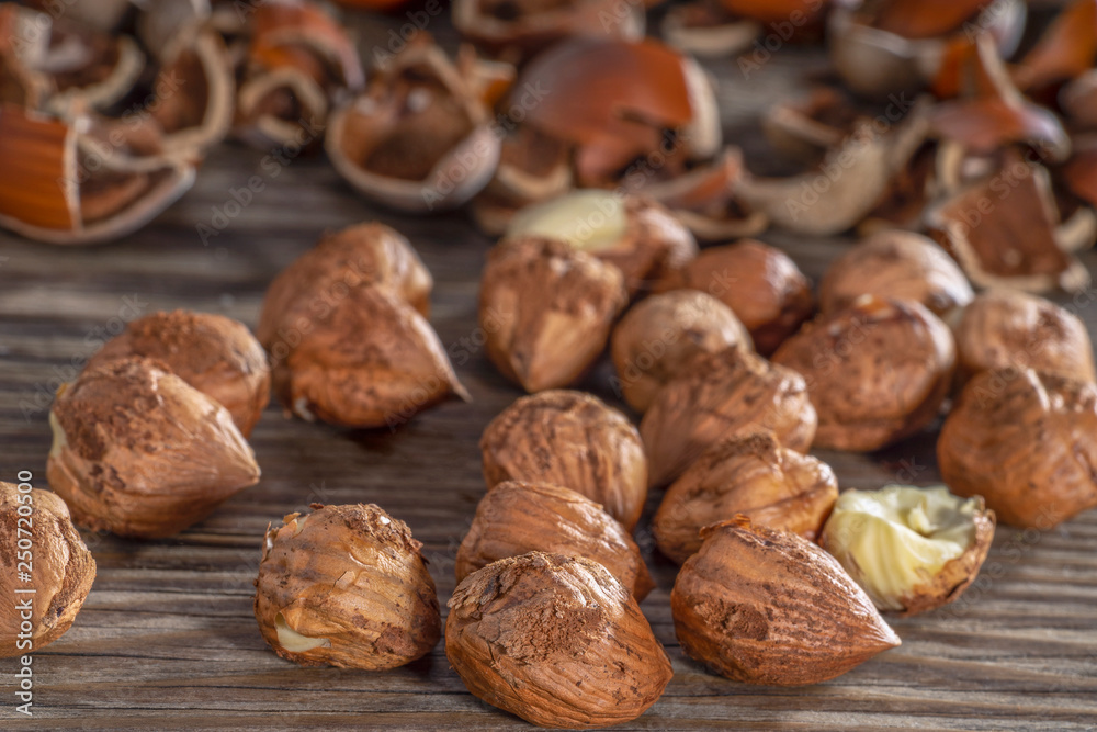 Peeled hazelnuts and nut shells on rustic background. Peeled hazelnuts and nut shells on rustic background.